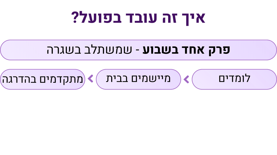 איך זה עובד בפועל? פרק אחד בשבוע שמשתלב בשגרה: -לומדים -מיישמים בבית -מתקדמים בהדרגה